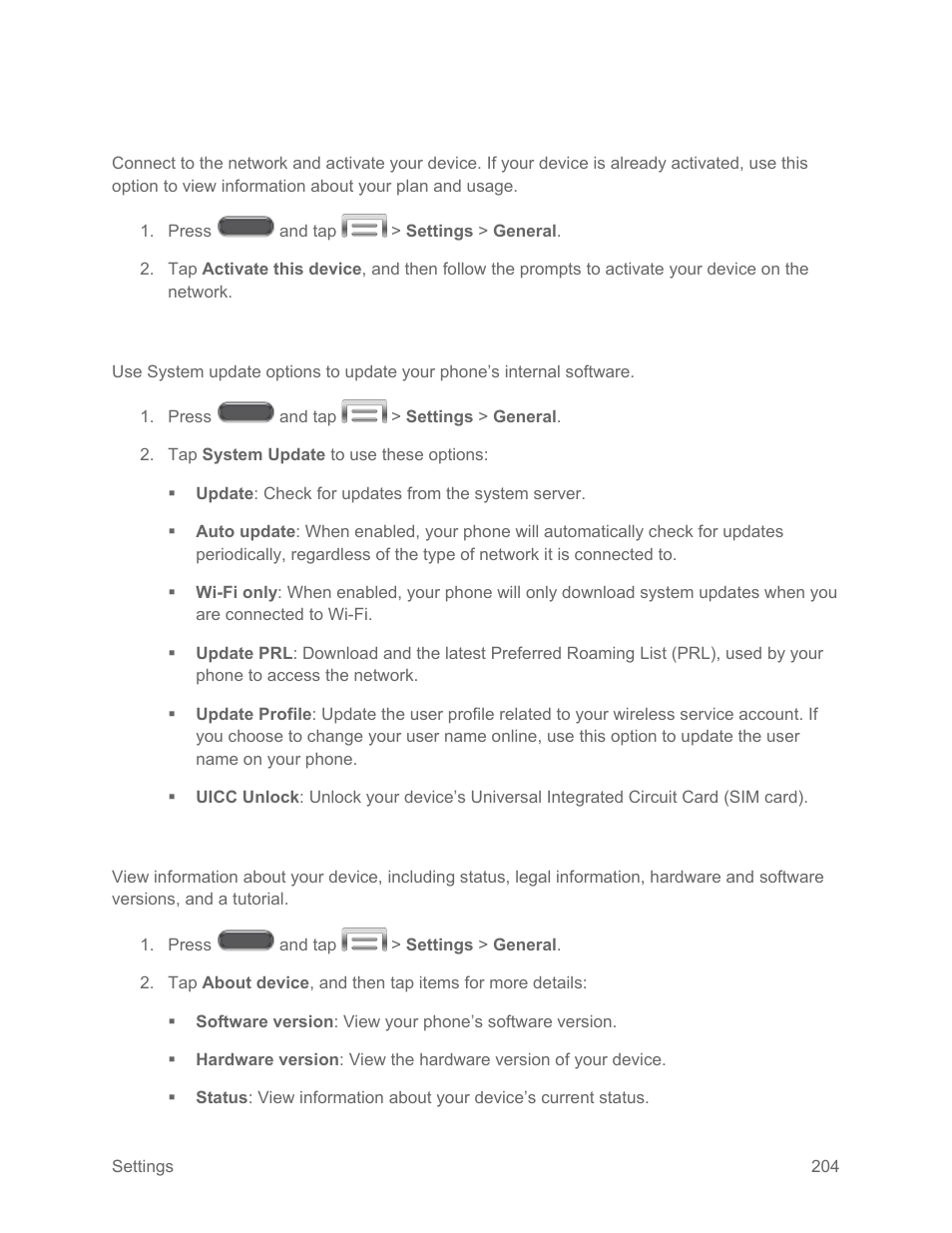 Activate this device, System update, About device | Samsung SM-N900PZKESPR User Manual | Page 217 / 224