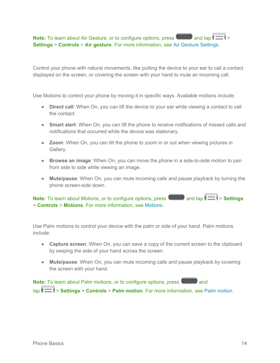 Motion gestures, Phone motions, Palm motions | Samsung SM-N900PZKESPR User Manual | Page 27 / 224