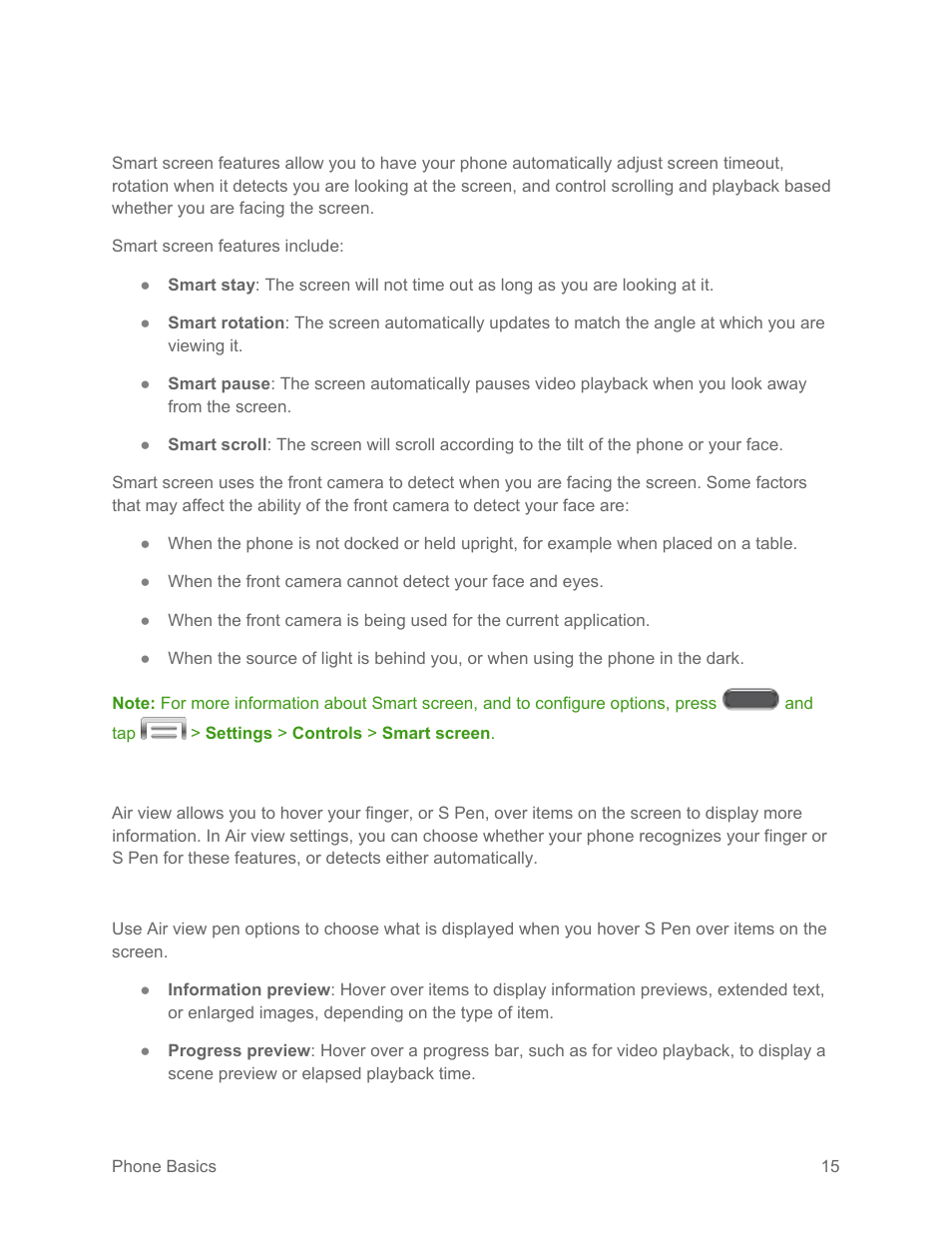 Smart screen, Air view, Air view pen options | Samsung SM-N900PZKESPR User Manual | Page 28 / 224