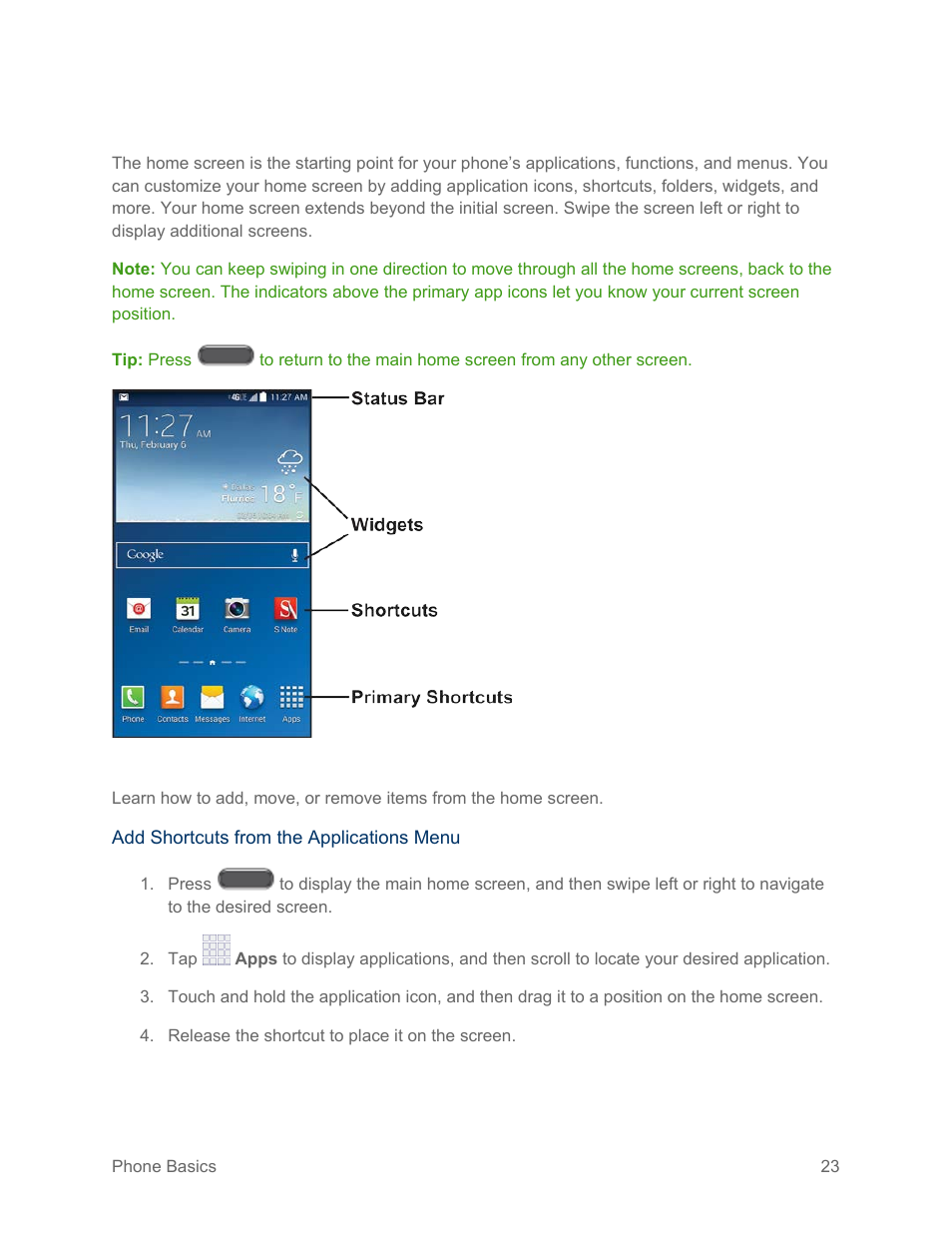 Your home screen, Create shortcuts | Samsung SM-N900PZKESPR User Manual | Page 36 / 224