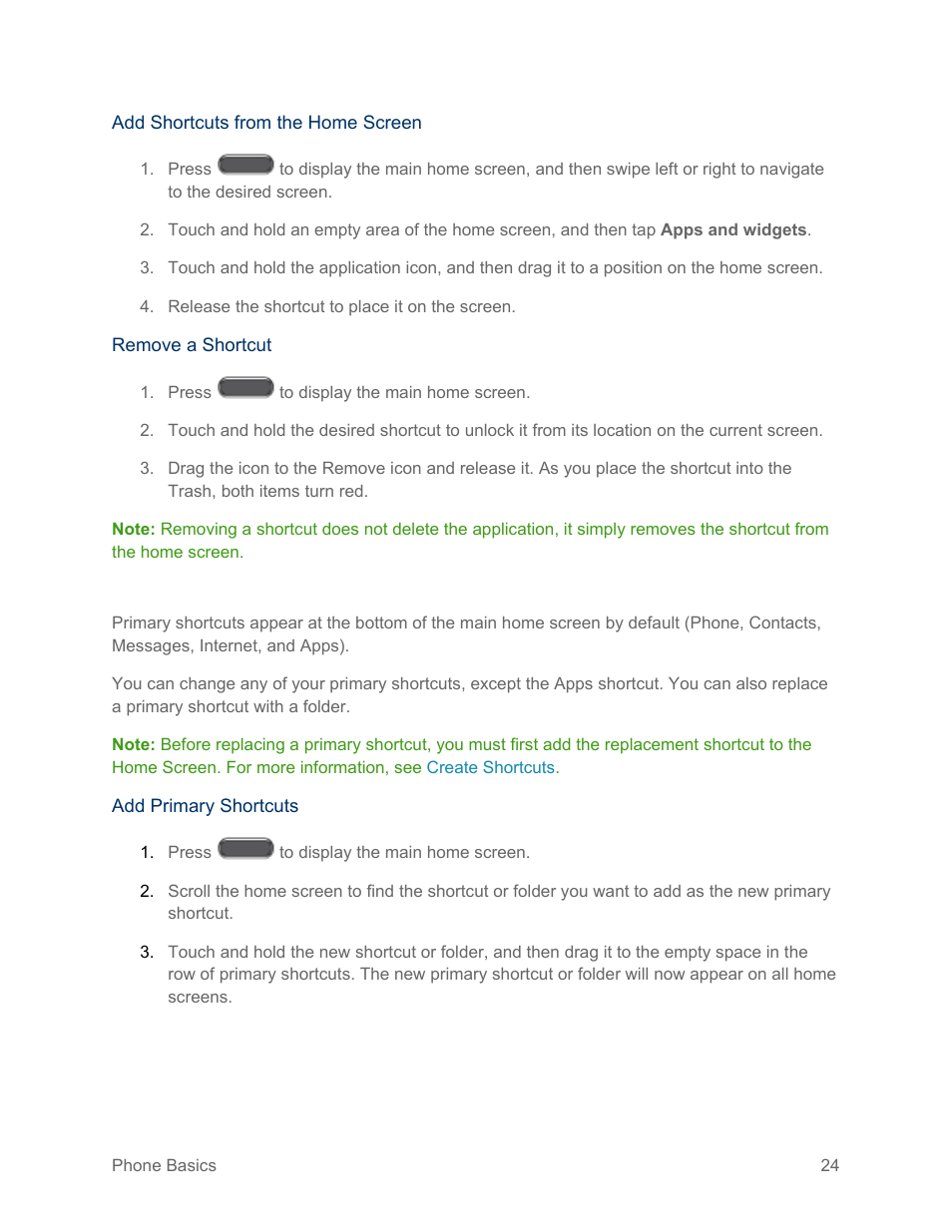 Add and remove primary shortcuts | Samsung SM-N900PZKESPR User Manual | Page 37 / 224