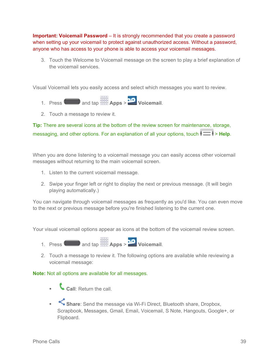 Review visual voicemail, Listen to multiple voicemail messages, Visual voicemail options | Samsung SM-N900PZKESPR User Manual | Page 52 / 224
