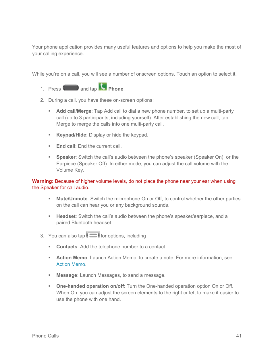Phone call options, Options while on a call | Samsung SM-N900PZKESPR User Manual | Page 54 / 224