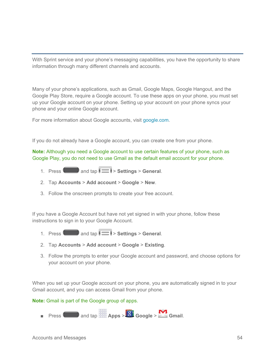 Accounts and messages, Google account, Create a google account | Sign in to your google account, Access gmail | Samsung SM-N900PZKESPR User Manual | Page 67 / 224