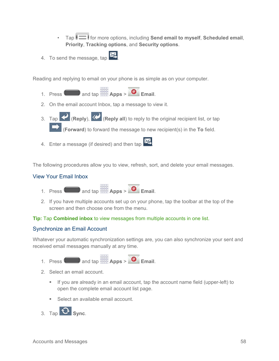 Reply or forward email, Manage your email inbox | Samsung SM-N900PZKESPR User Manual | Page 71 / 224