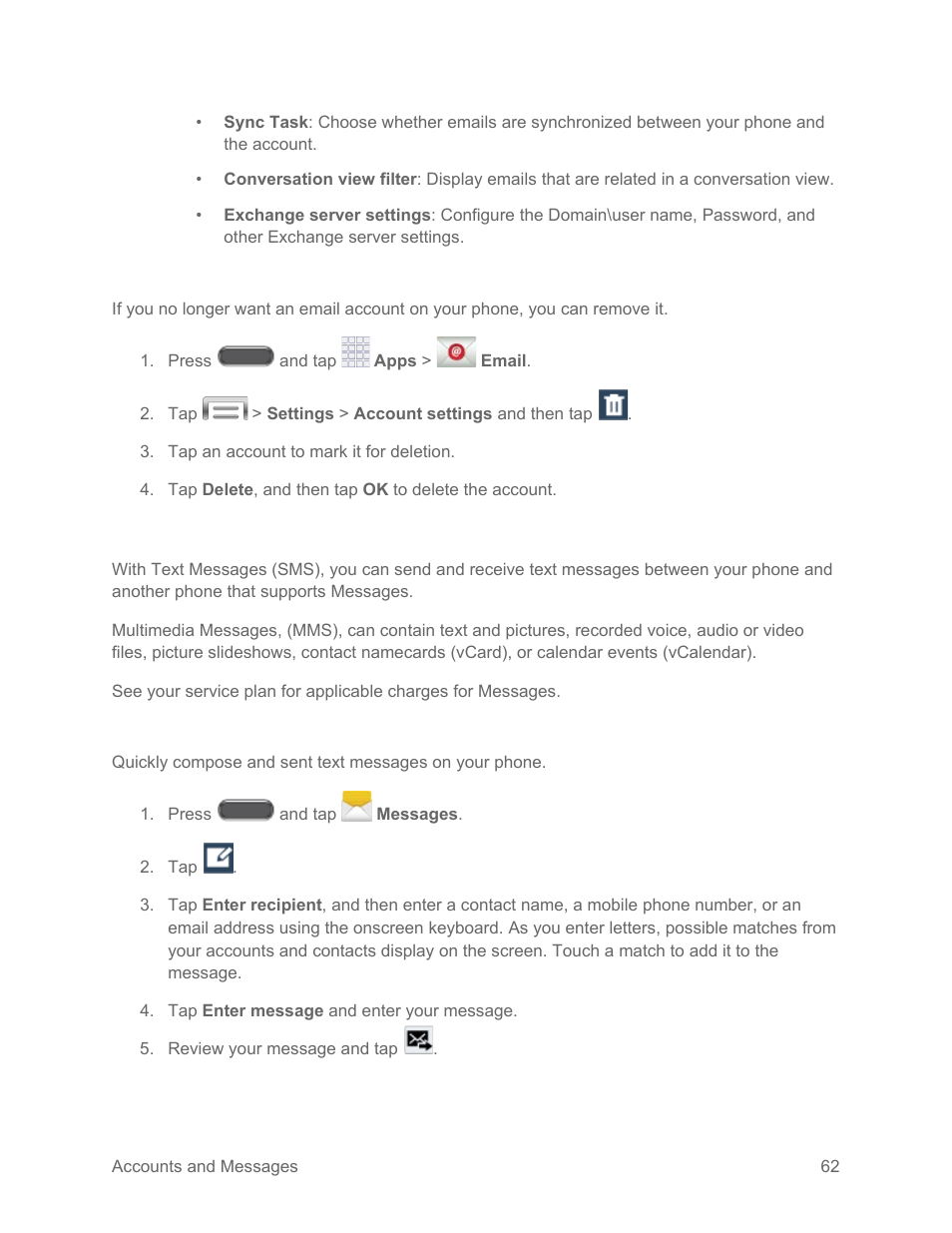Delete an email account, Text and multimedia messages, Send a text message (sms) | Text and multimedia messaging | Samsung SM-N900PZKESPR User Manual | Page 75 / 224