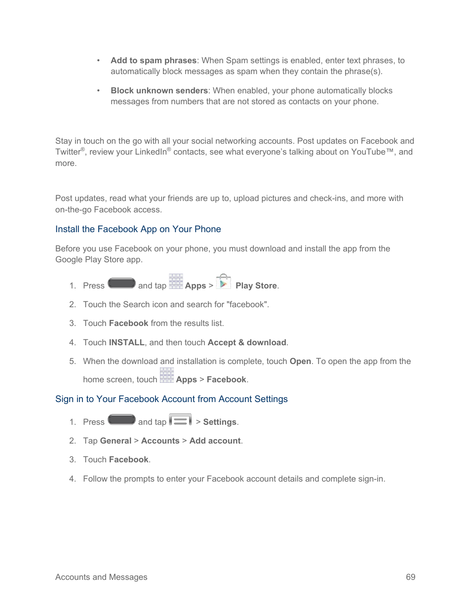 Social networking accounts, Facebook | Samsung SM-N900PZKESPR User Manual | Page 82 / 224
