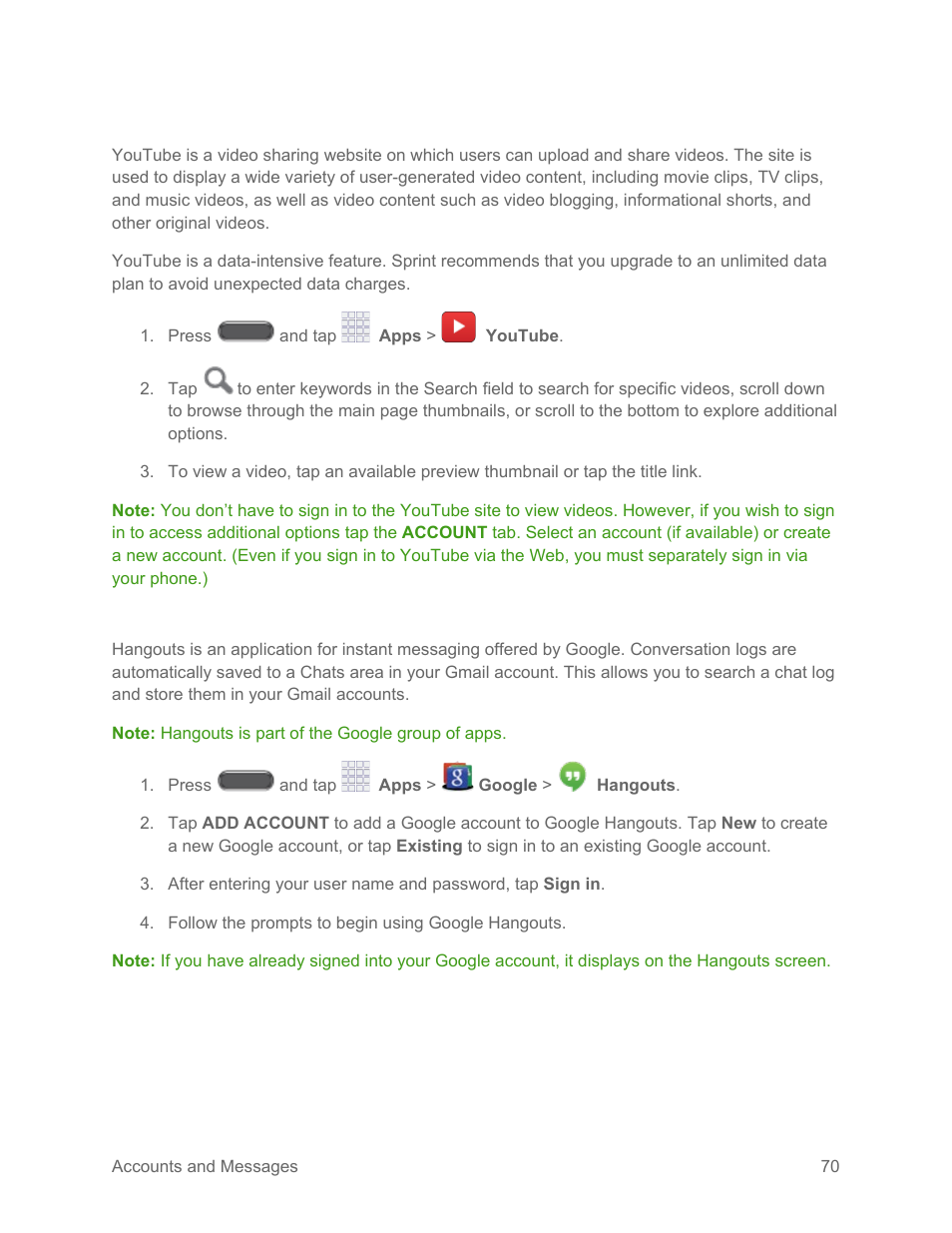Youtube, Hangouts | Samsung SM-N900PZKESPR User Manual | Page 83 / 224