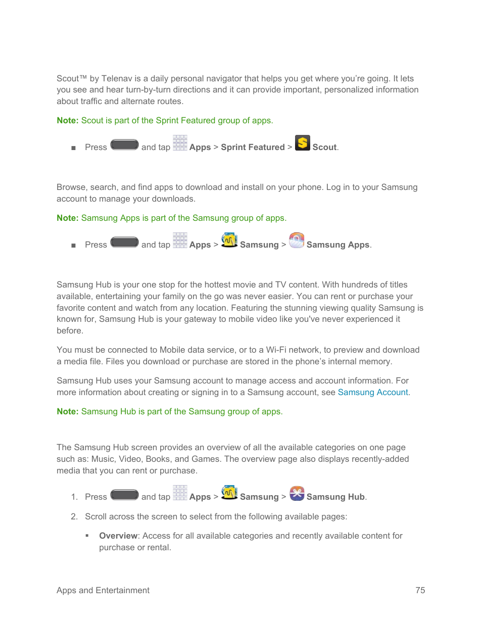 Scout, Samsung apps, Samsung hub | Use samsung hub | Samsung SM-N900PZKESPR User Manual | Page 88 / 224