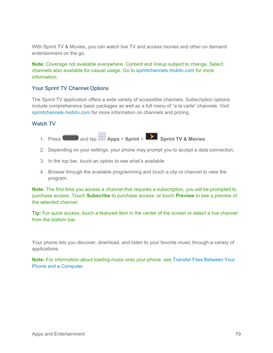 Sprint tv & movies, Music apps | Samsung SM-N900PZKESPR User Manual | Page 92 / 224