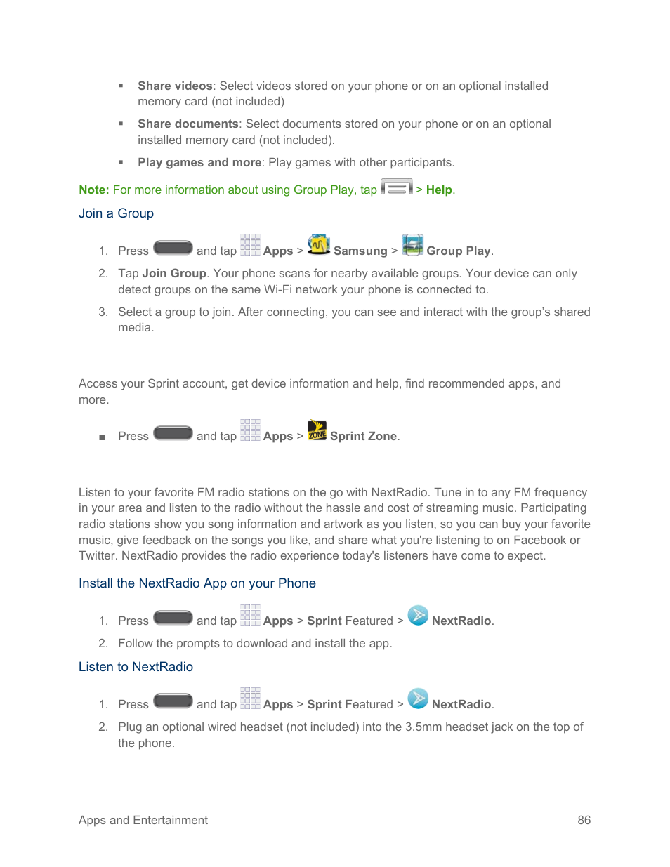Sprint zone, Nextradio | Samsung SM-N900PZKESPR User Manual | Page 99 / 224