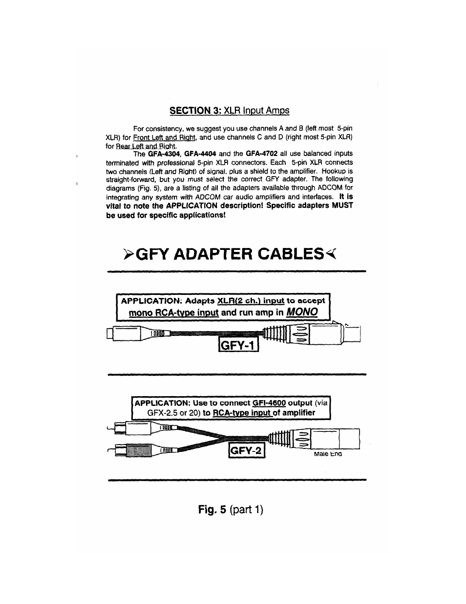 Section 3: xlr input amps, Gfy adapter cablese, Fig. 5 (part 1) | Gfa-4702 | Adcom GFA-4304 User Manual | Page 11 / 24
