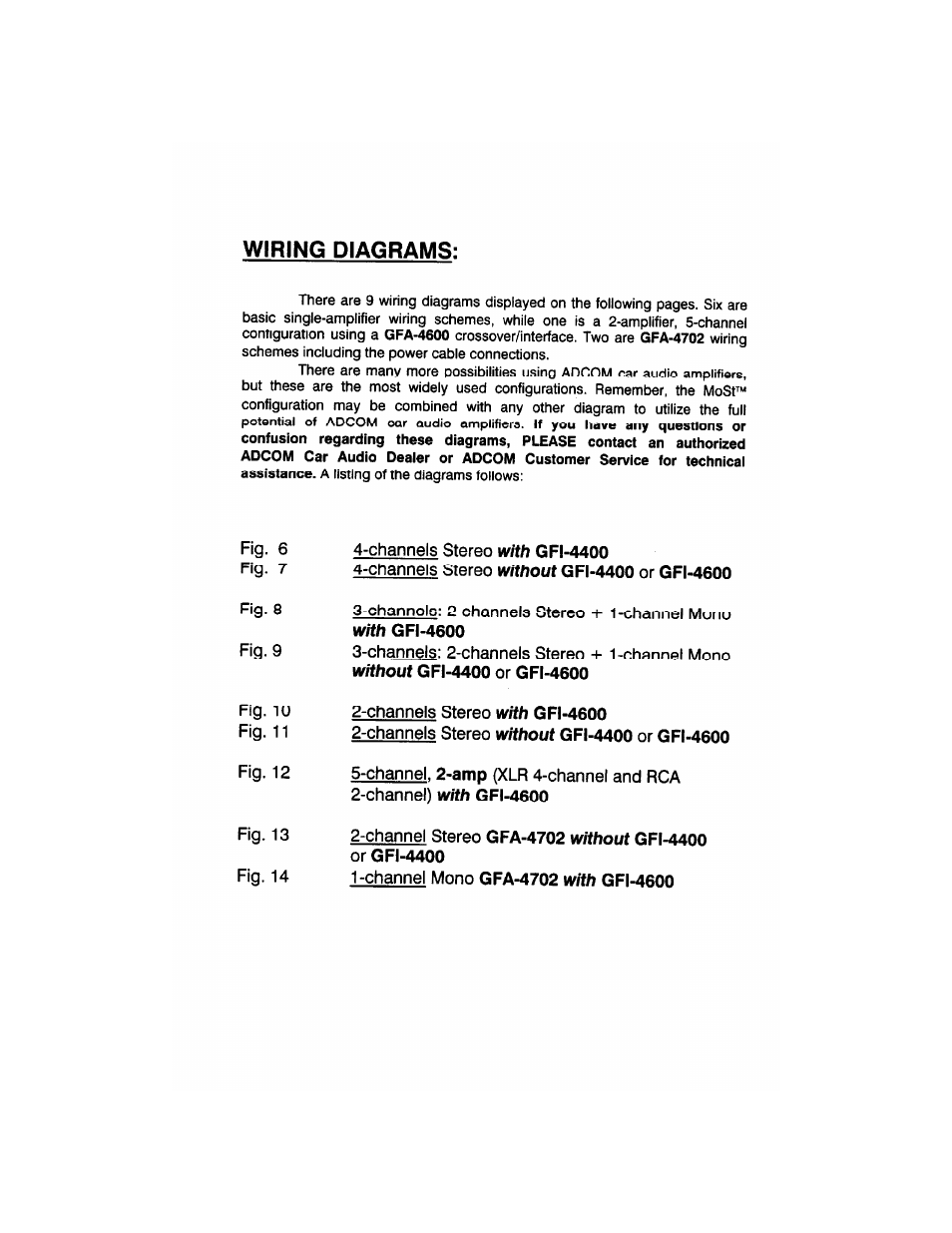Wiring diagrams, Channels stereo with gfi-4400, Channels stereo without gfi-4400 or gfi-4600 | Channels stereo with gfi-4600, Channel mono gfa-4702 with gfi-4600, Gfa-4600, Gfa-4702 | Adcom GFA-4304 User Manual | Page 13 / 24