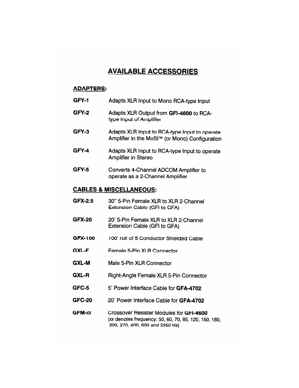 Available accessories, Adapters, Cables & miscellaneous | Adcom GFA-4304 User Manual | Page 23 / 24