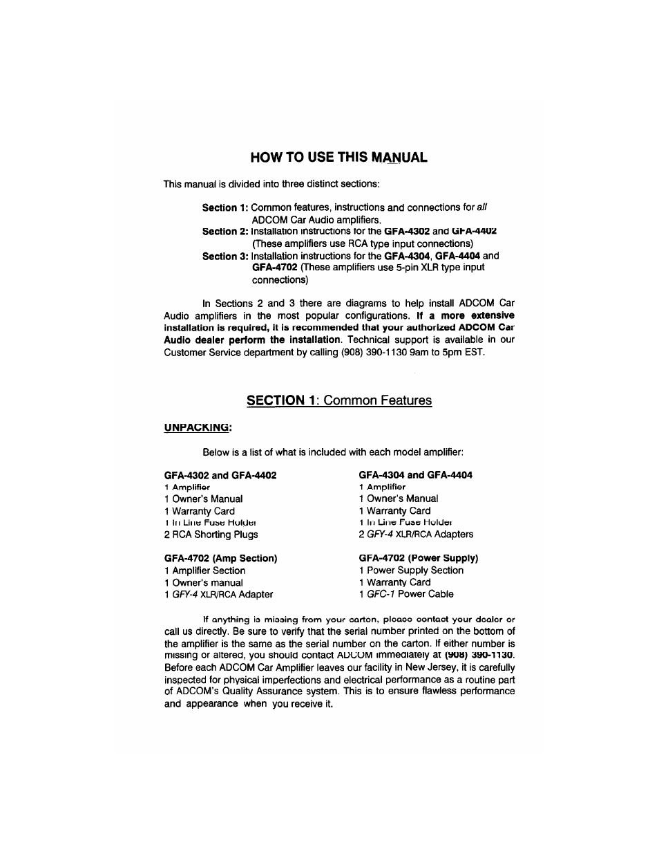 How to use this manual, Section 1: common features, 1 amplifier | 1 in line fuse holder | Adcom GFA-4304 User Manual | Page 4 / 24