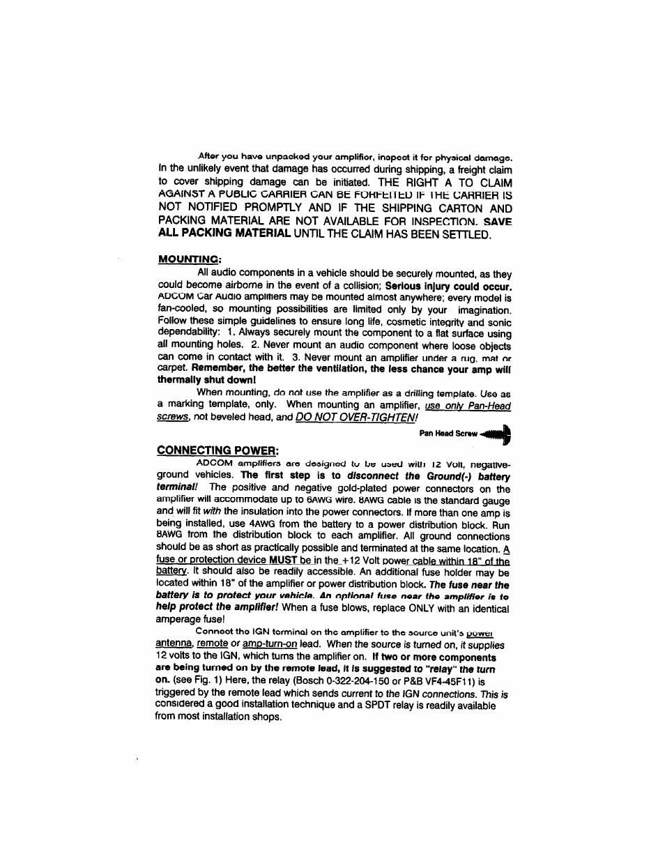 Save all packing material, Mounting, Connecting power | Disconnect the ground(-) battery terminal, With, Use only pan-head screws, Do not over-tighten! pan head screw -4, Connections. this is | Adcom GFA-4304 User Manual | Page 5 / 24