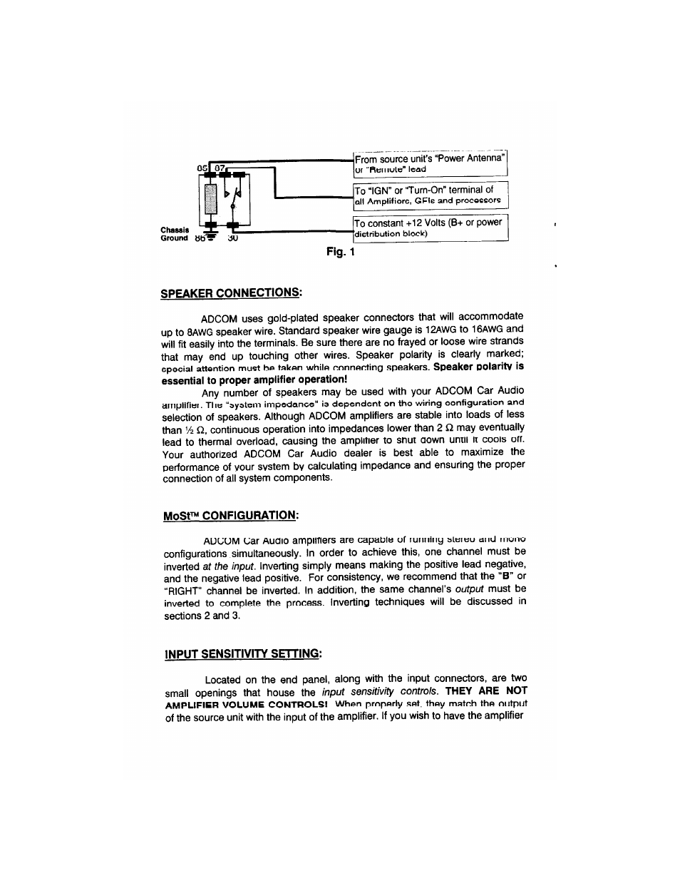 Fig. 1 speaker connections, Mosttm configuration, Input sensitivity setting | They are not amplifier volume controls, Ground | Adcom GFA-4304 User Manual | Page 6 / 24