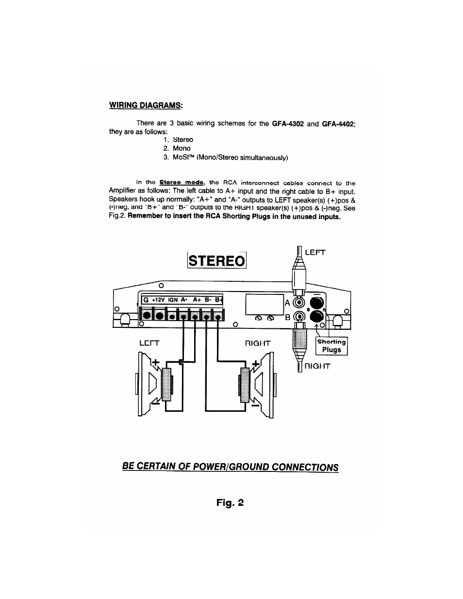 Fig.2, Be certain of power/ground connections, Wiring diagrams | Gfa-4302, Gfa-4402 | Adcom GFA-4304 User Manual | Page 8 / 24