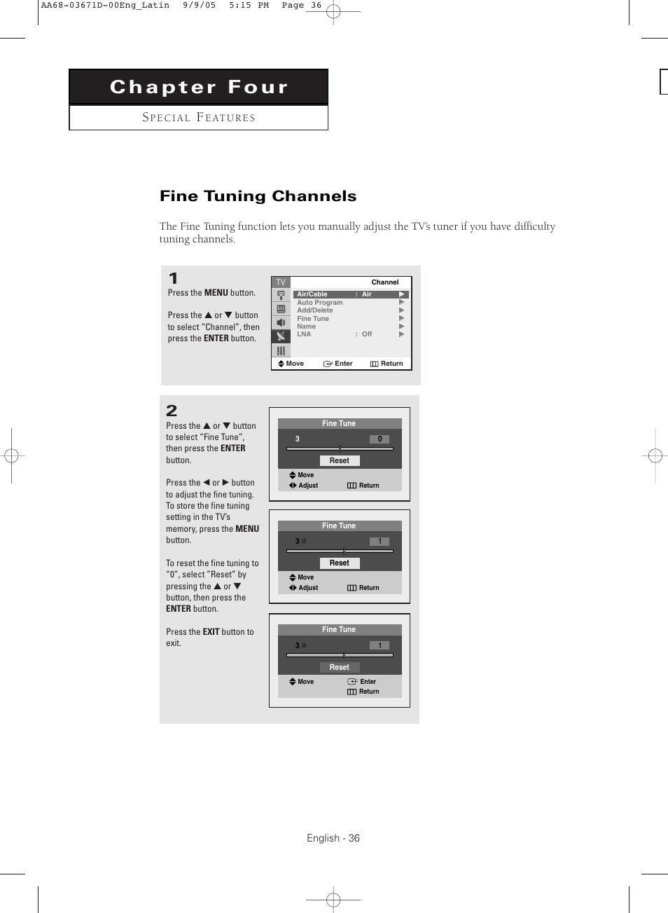 Chapter four : special features, Fine tuning channels | Samsung CL29M21FQEXXAX User Manual | Page 36 / 60