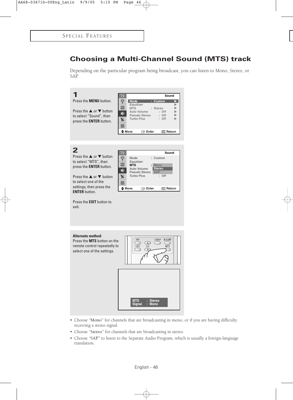 Choosing a multi-channel sound (mts) track | Samsung CL29M21FQEXXAX User Manual | Page 46 / 60