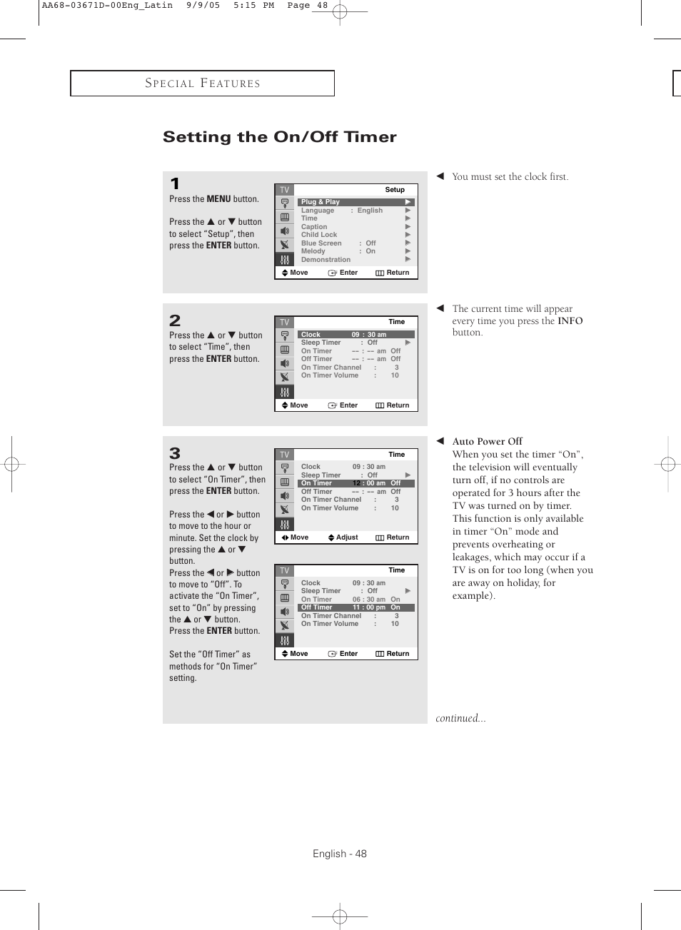 Setting the on/off timer, Continued | Samsung CL29M21FQEXXAX User Manual | Page 48 / 60