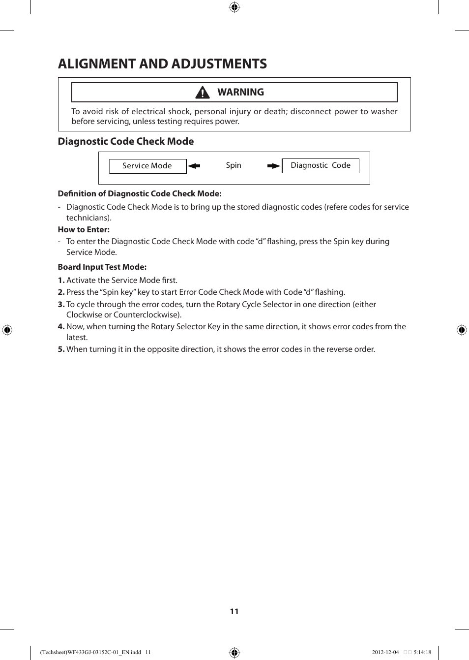 Alignment and adjustments, Diagnostic code check mode, Warning | Samsung WF433BTGJWR-A1 User Manual | Page 11 / 60