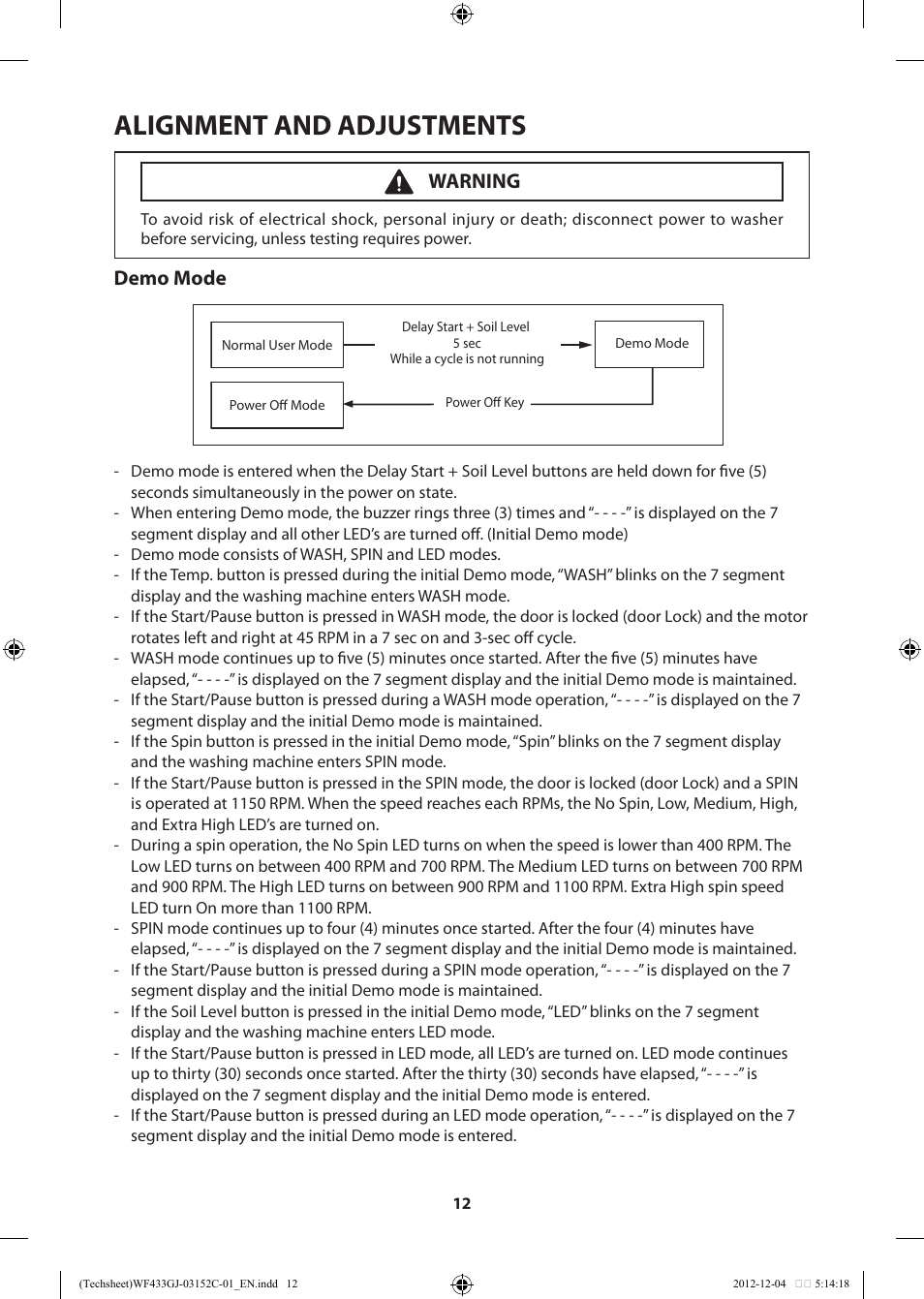 Alignment and adjustments, Demo mode, Warning | Samsung WF433BTGJWR-A1 User Manual | Page 12 / 60