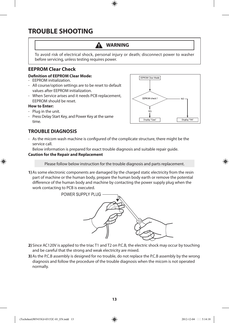 Trouble shooting, Eeprom clear check, Trouble diagnosis | Warning | Samsung WF433BTGJWR-A1 User Manual | Page 13 / 60