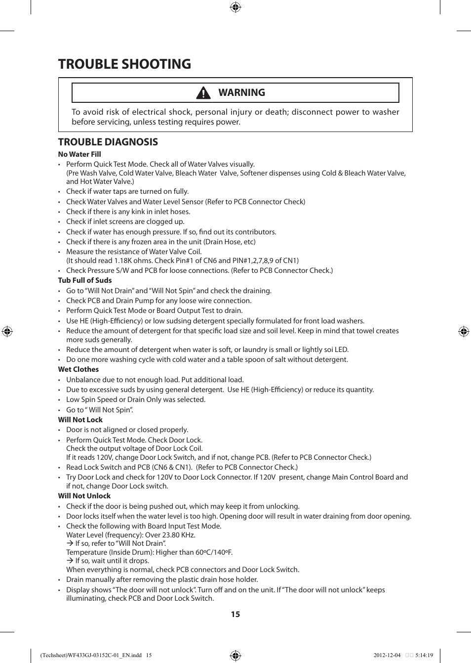 Trouble shooting, Trouble diagnosis, Warning | Samsung WF433BTGJWR-A1 User Manual | Page 15 / 60