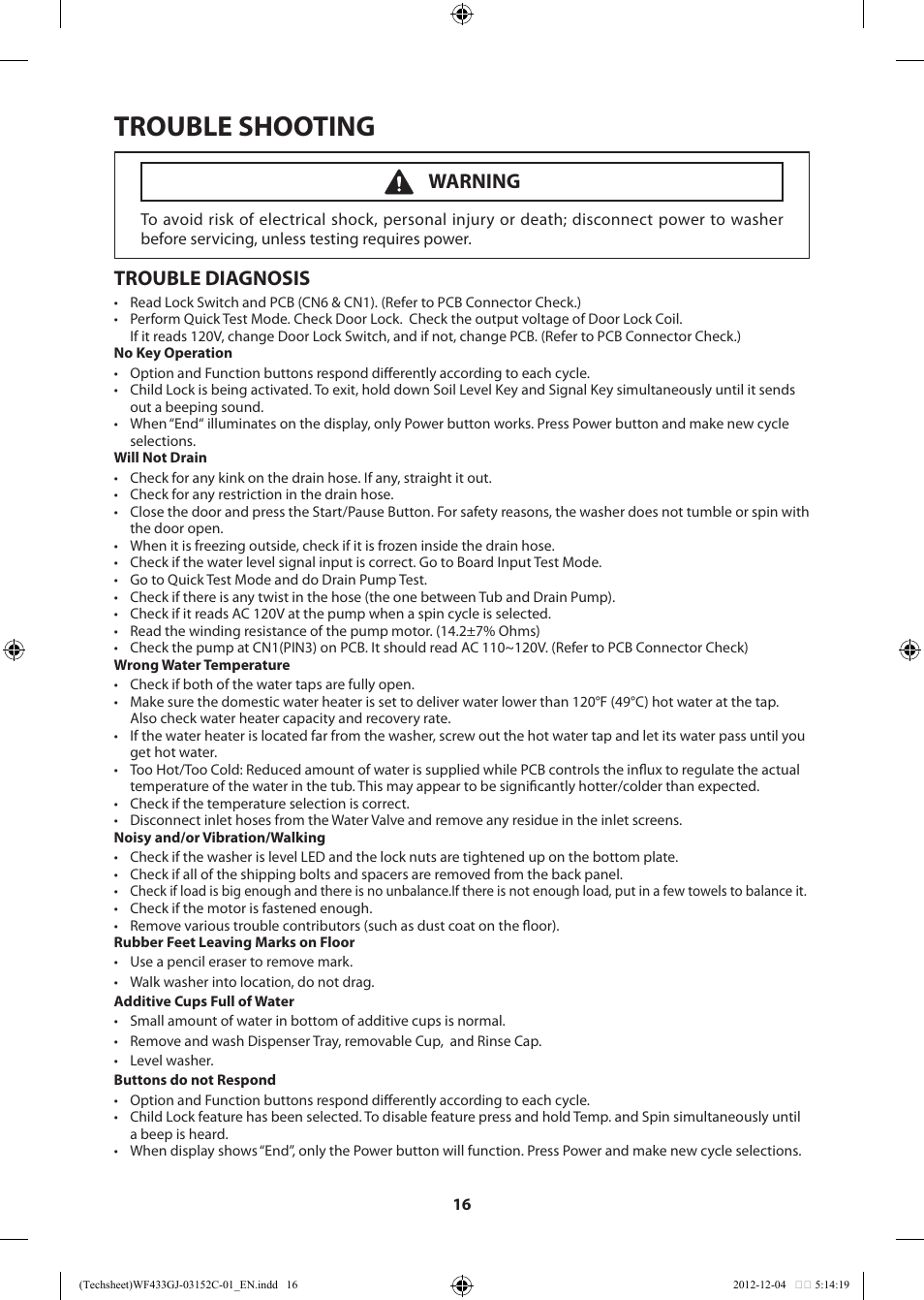 Trouble shooting, Trouble diagnosis, Warning | Samsung WF433BTGJWR-A1 User Manual | Page 16 / 60