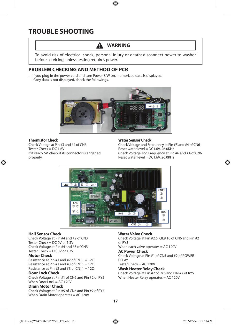 Trouble shooting, Problem checking and method of pcb, Warning | Samsung WF433BTGJWR-A1 User Manual | Page 17 / 60