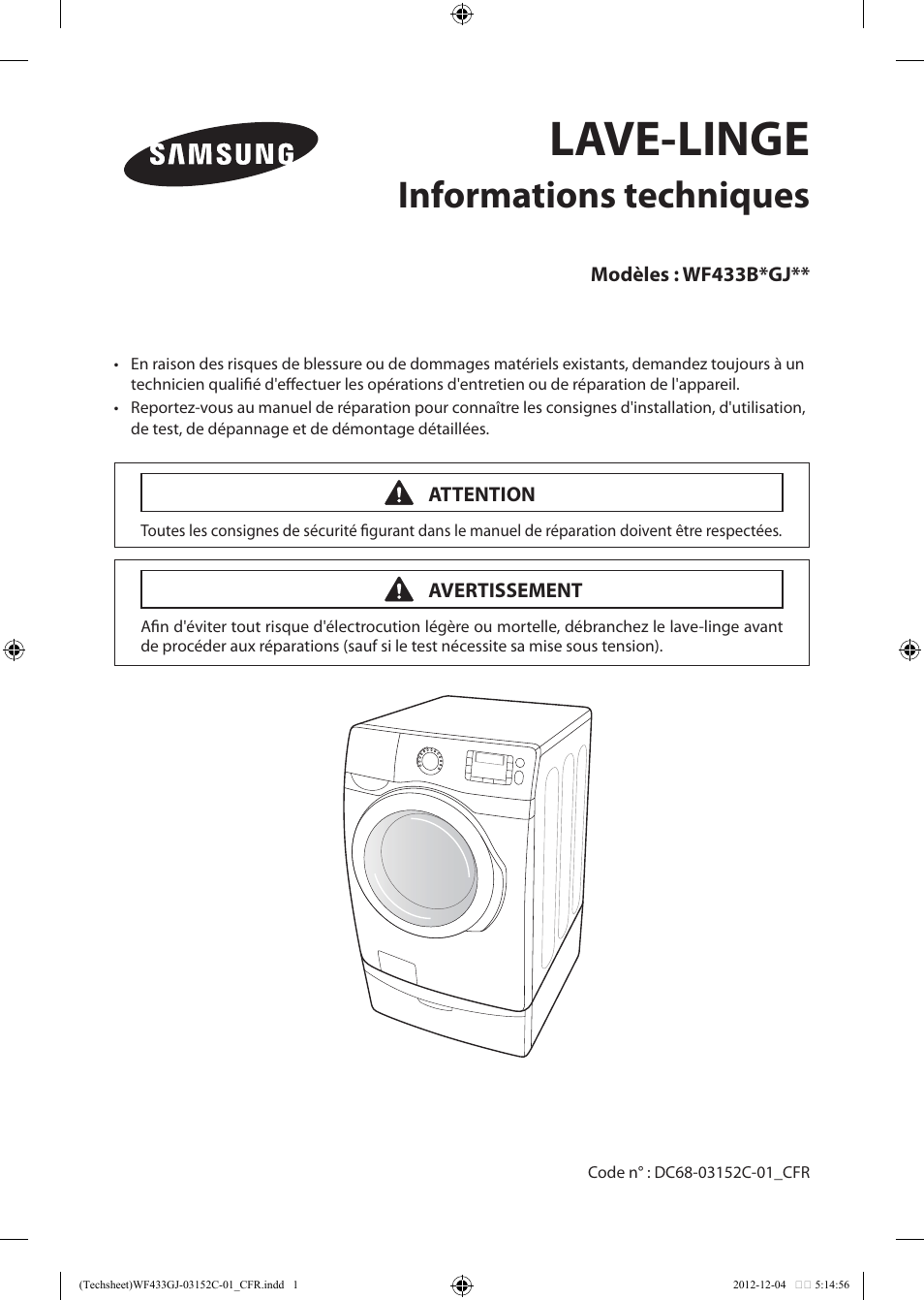 Lave-linge, Informations techniques | Samsung WF433BTGJWR-A1 User Manual | Page 21 / 60