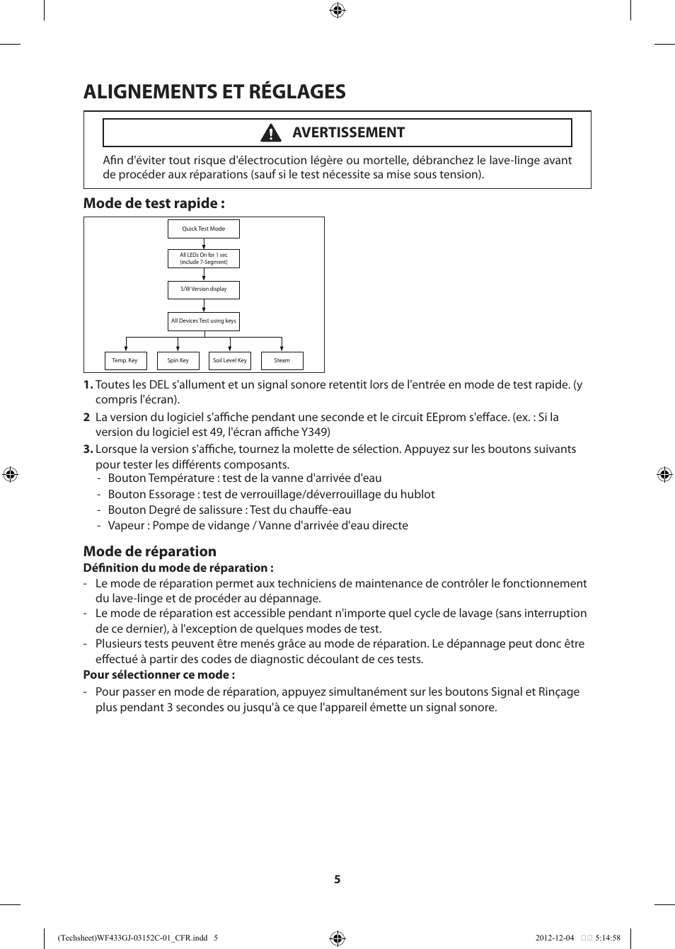 Alignements et réglages, Mode de réparation, Mode de test rapide | Avertissement | Samsung WF433BTGJWR-A1 User Manual | Page 25 / 60