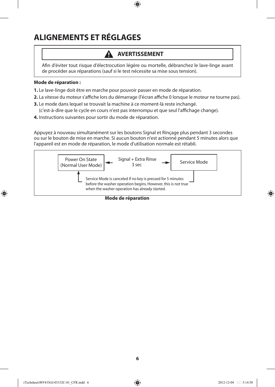 Alignements et réglages, Avertissement | Samsung WF433BTGJWR-A1 User Manual | Page 26 / 60