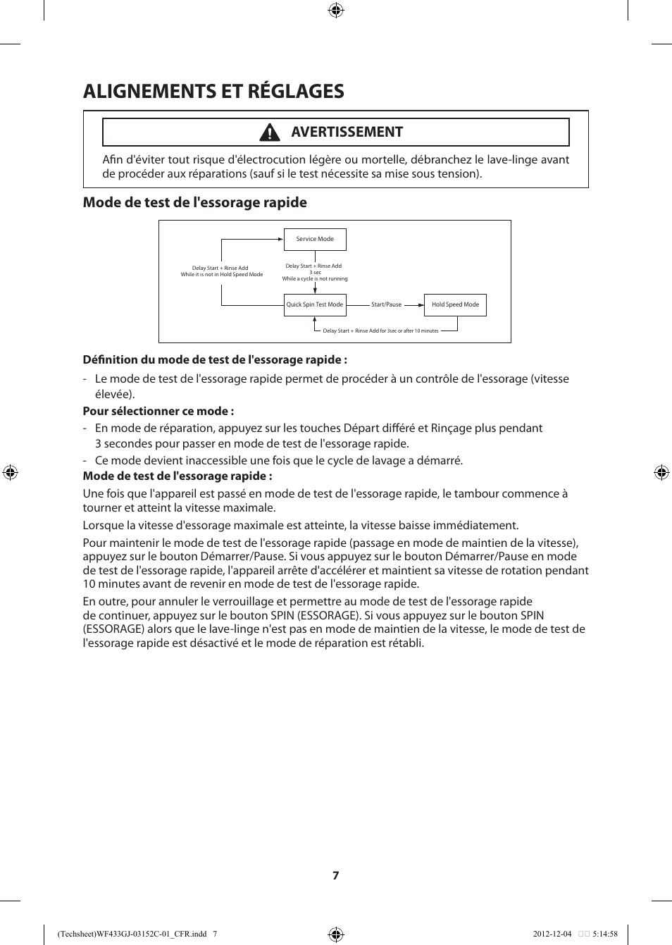 Alignements et réglages, Mode de test de l'essorage rapide, Avertissement | Samsung WF433BTGJWR-A1 User Manual | Page 27 / 60