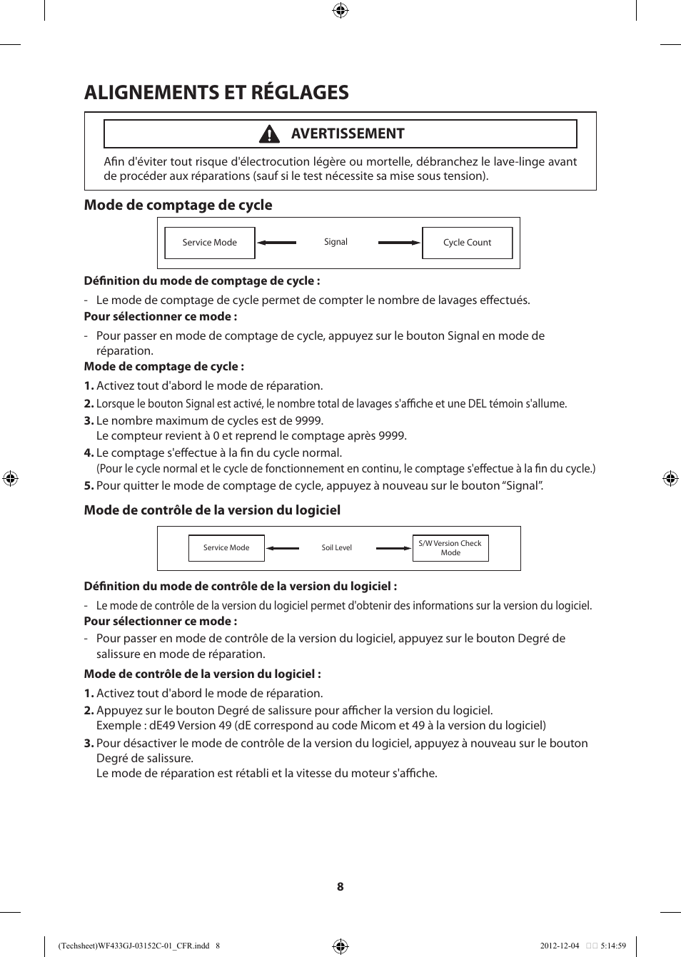 Alignements et réglages, Mode de comptage de cycle, Avertissement | Samsung WF433BTGJWR-A1 User Manual | Page 28 / 60