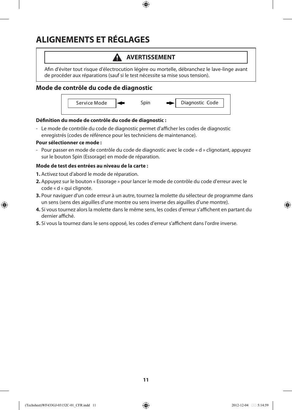 Alignements et réglages, Mode de contrôle du code de diagnostic, Avertissement | Samsung WF433BTGJWR-A1 User Manual | Page 31 / 60