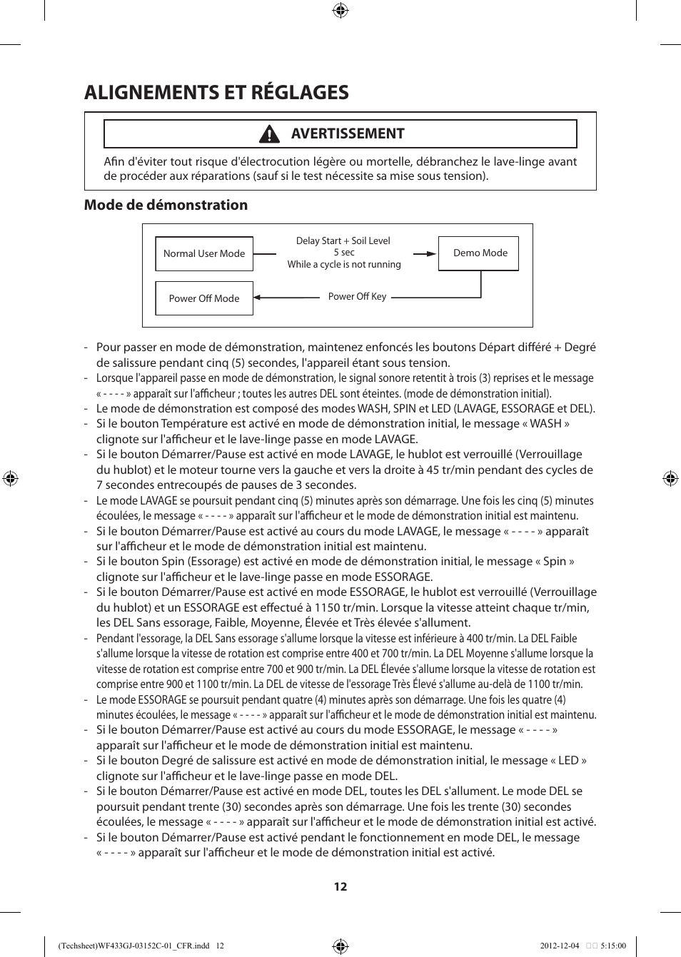 Alignements et réglages, Mode de démonstration, Avertissement | Samsung WF433BTGJWR-A1 User Manual | Page 32 / 60