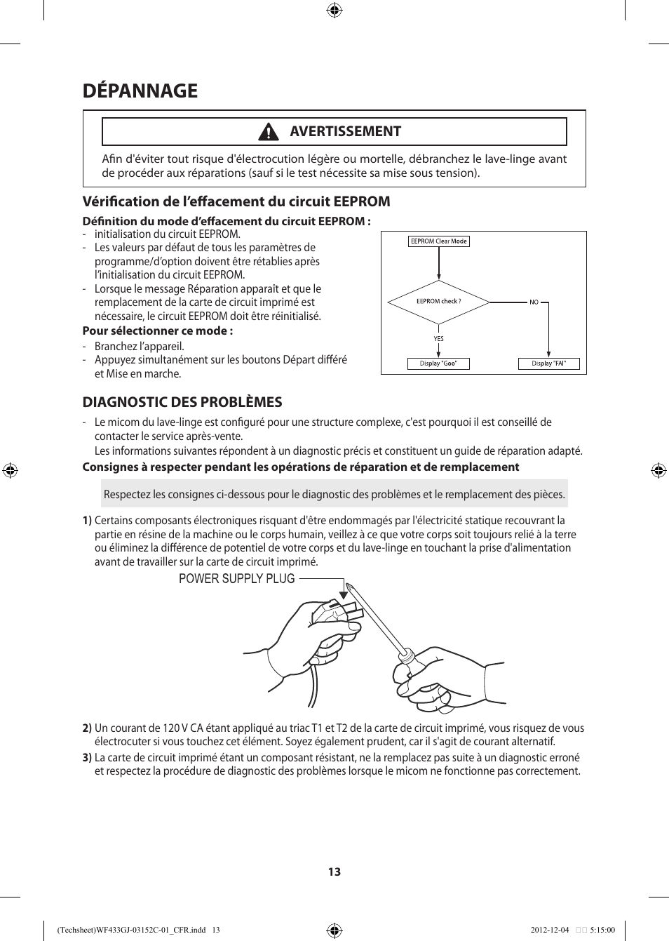 Dépannage, Vérification de l’effacement du circuit eeprom, Diagnostic des problèmes | Avertissement | Samsung WF433BTGJWR-A1 User Manual | Page 33 / 60