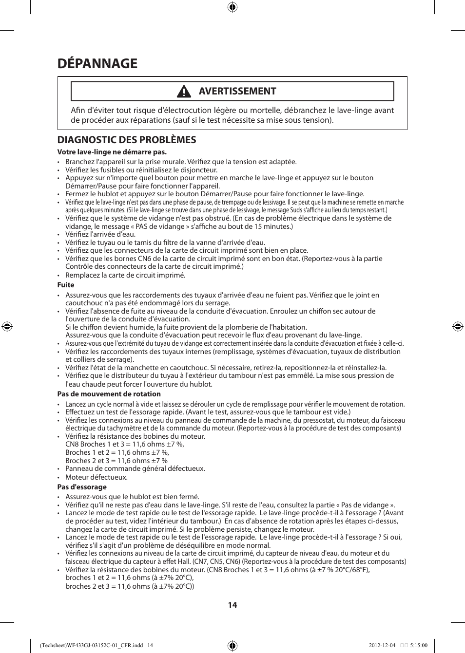 Dépannage, Diagnostic des problèmes, Avertissement | Samsung WF433BTGJWR-A1 User Manual | Page 34 / 60