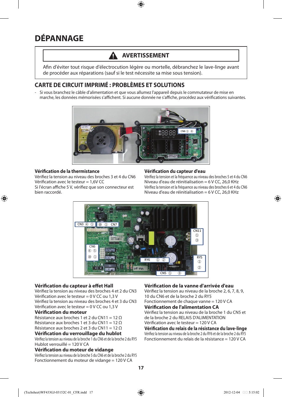 Dépannage, Carte de circuit imprimé : problèmes et solutions, Avertissement | Samsung WF433BTGJWR-A1 User Manual | Page 37 / 60