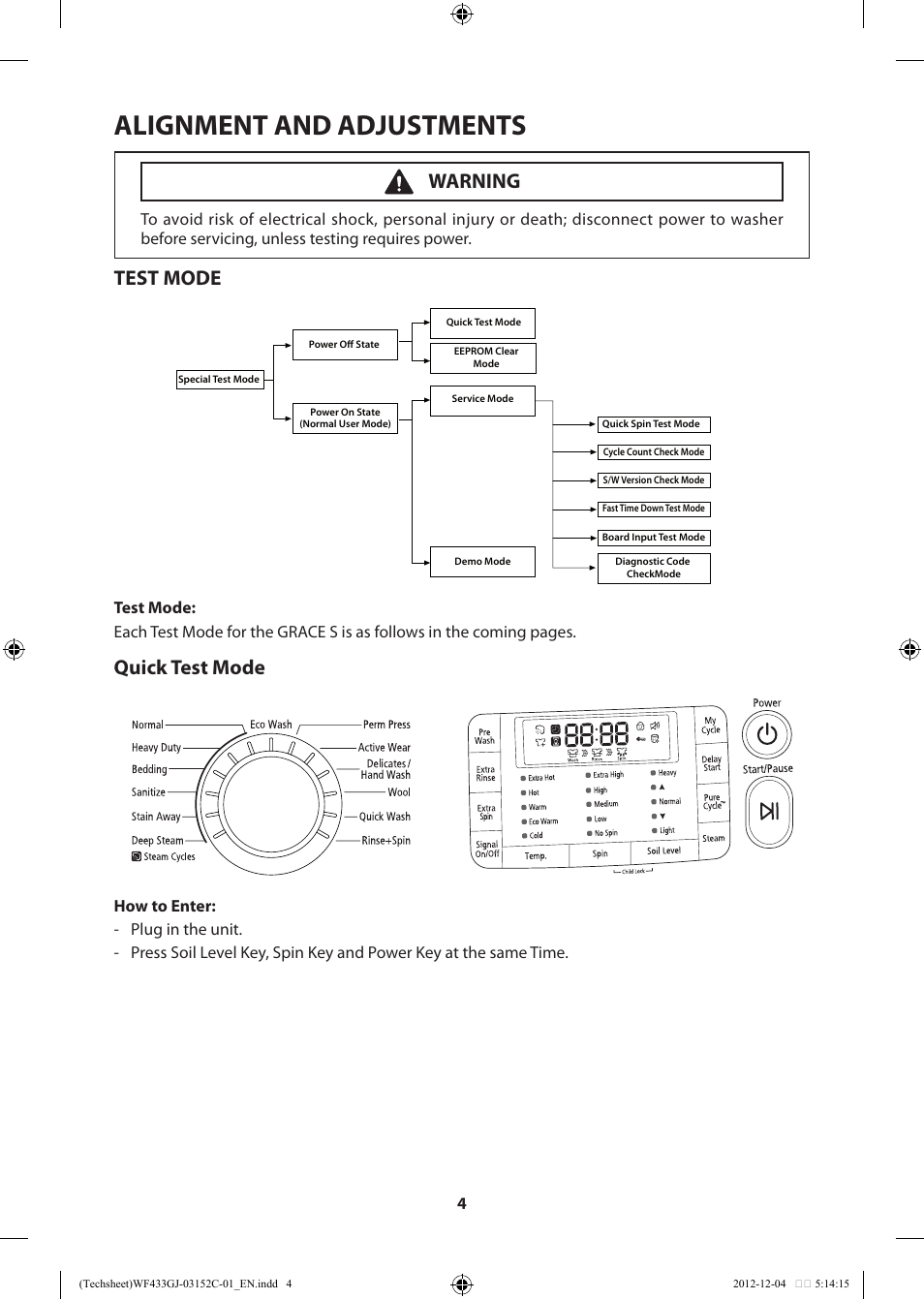 Alignment and adjustments, Test mode, Quick test mode | Warning | Samsung WF433BTGJWR-A1 User Manual | Page 4 / 60