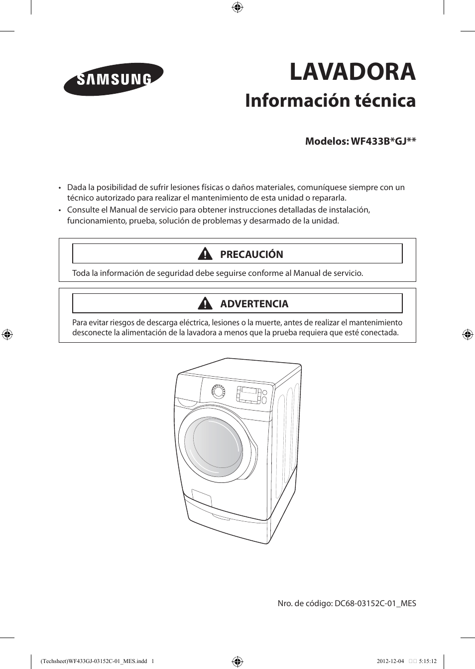 Lavadora, Información técnica | Samsung WF433BTGJWR-A1 User Manual | Page 41 / 60