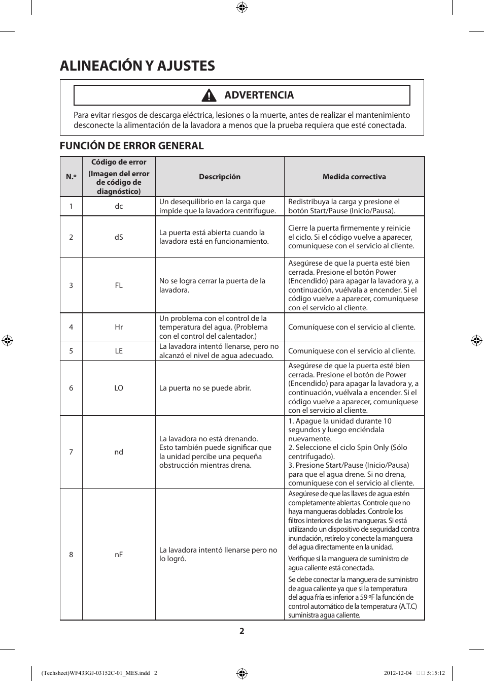 Alineación y ajustes, Función de error general, Advertencia | Samsung WF433BTGJWR-A1 User Manual | Page 42 / 60