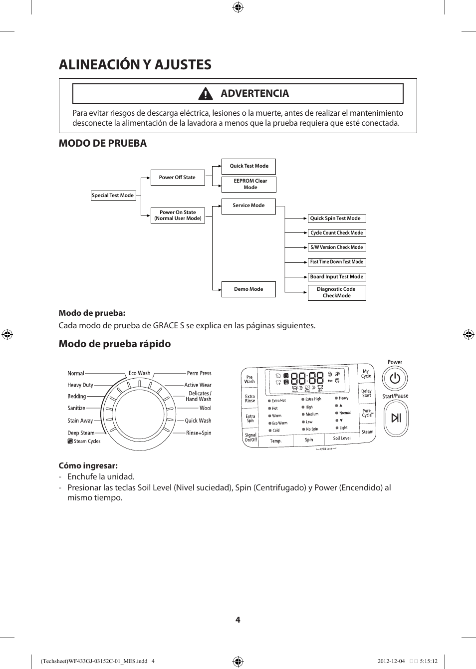 Alineación y ajustes, Modo de prueba, Modo de prueba rápido | Advertencia | Samsung WF433BTGJWR-A1 User Manual | Page 44 / 60