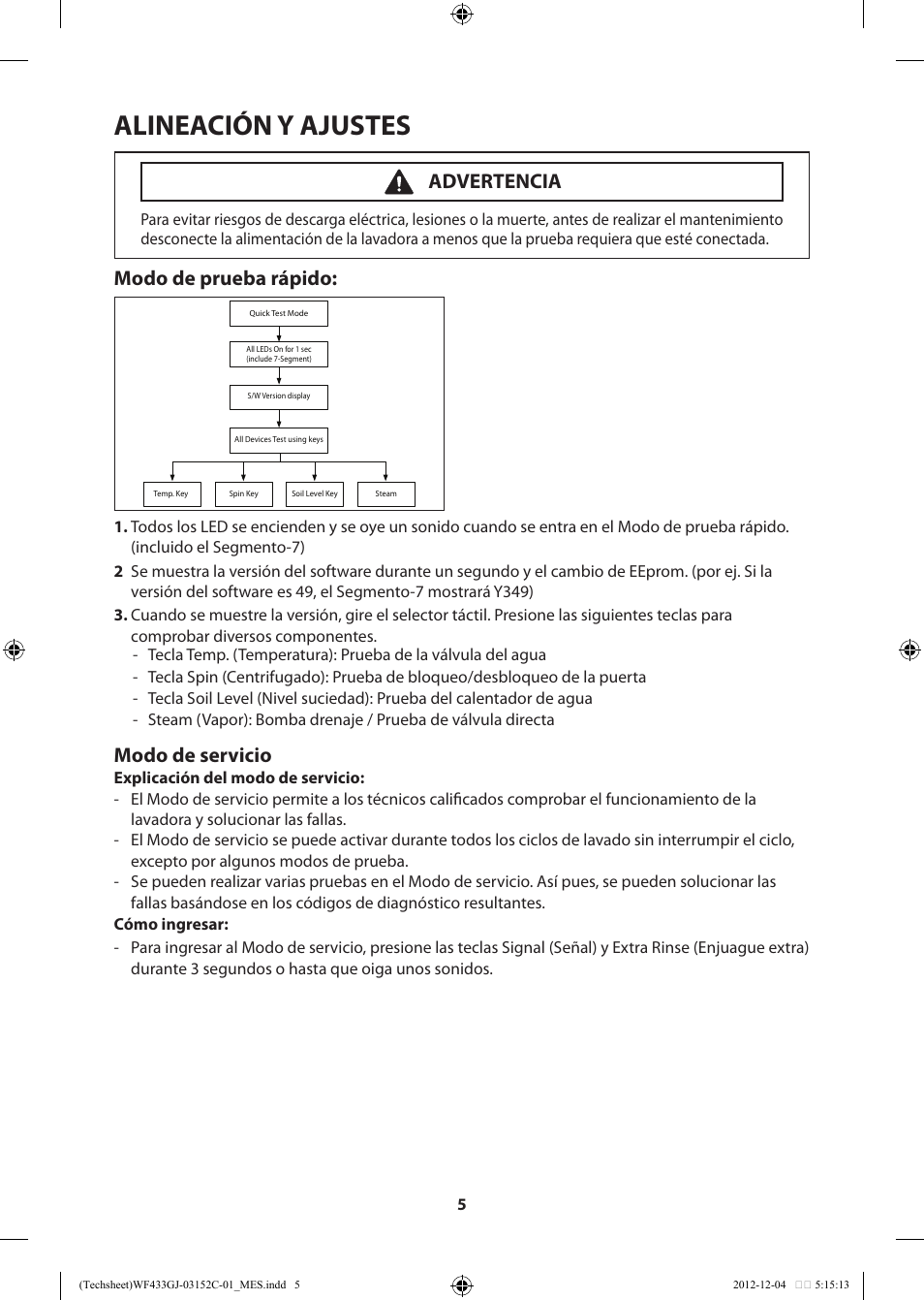 Alineación y ajustes, Modo de servicio, Modo de prueba rápido | Advertencia | Samsung WF433BTGJWR-A1 User Manual | Page 45 / 60