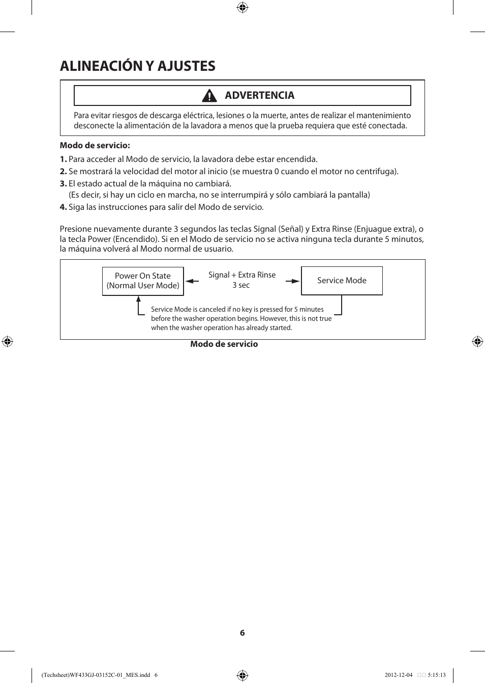 Alineación y ajustes, Advertencia | Samsung WF433BTGJWR-A1 User Manual | Page 46 / 60