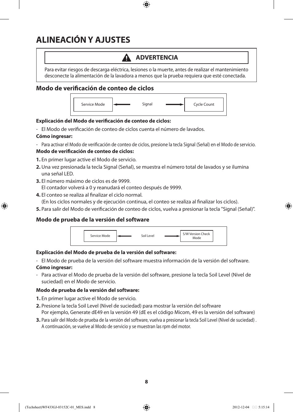Alineación y ajustes, Modo de verificación de conteo de ciclos, Advertencia | Samsung WF433BTGJWR-A1 User Manual | Page 48 / 60