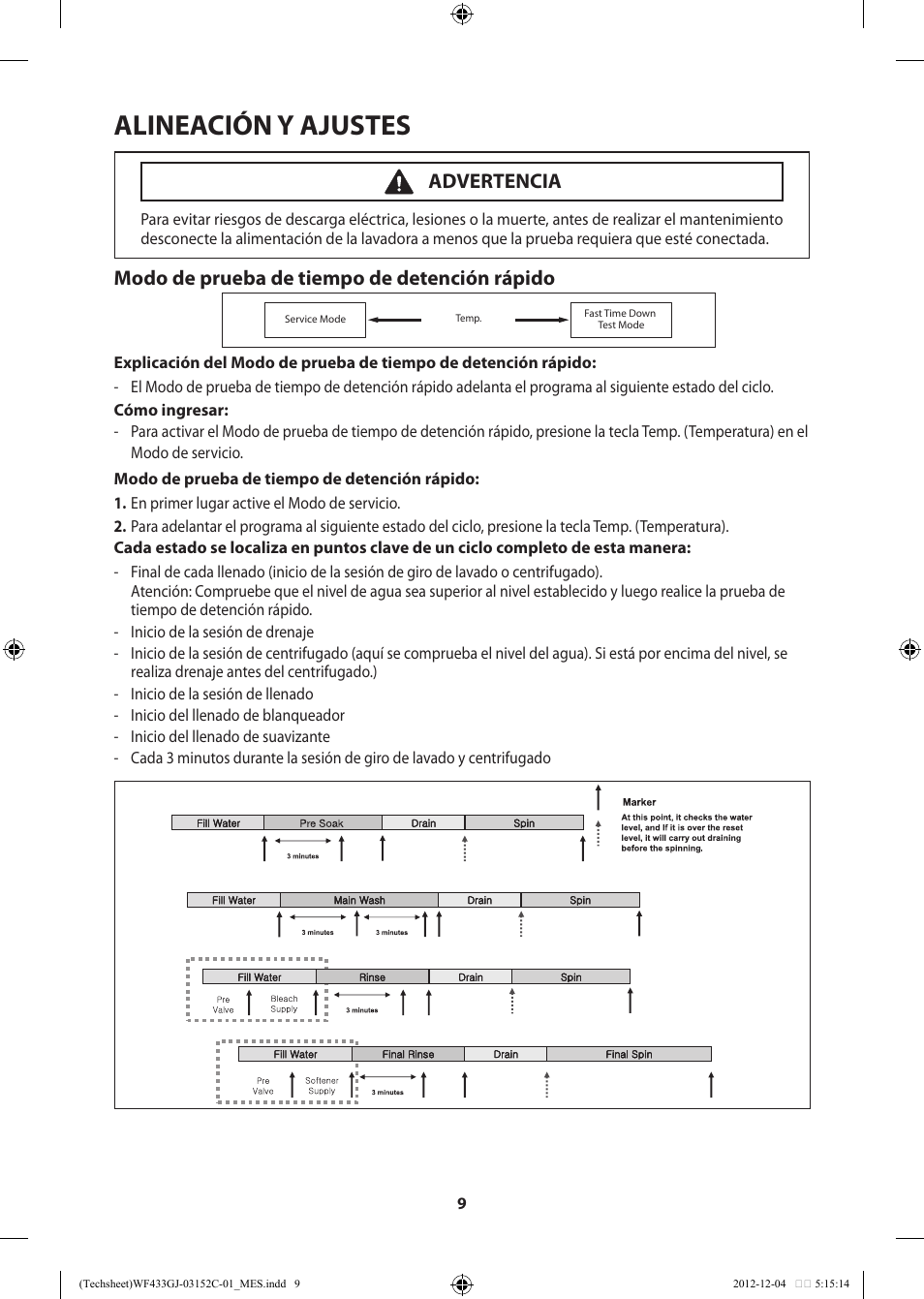 Alineación y ajustes, Modo de prueba de tiempo de detención rápido, Advertencia | Samsung WF433BTGJWR-A1 User Manual | Page 49 / 60