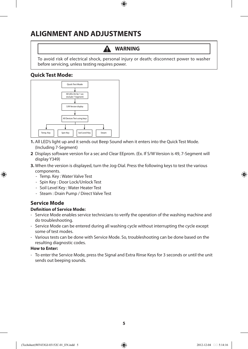 Alignment and adjustments, Service mode, Quick test mode | Warning | Samsung WF433BTGJWR-A1 User Manual | Page 5 / 60